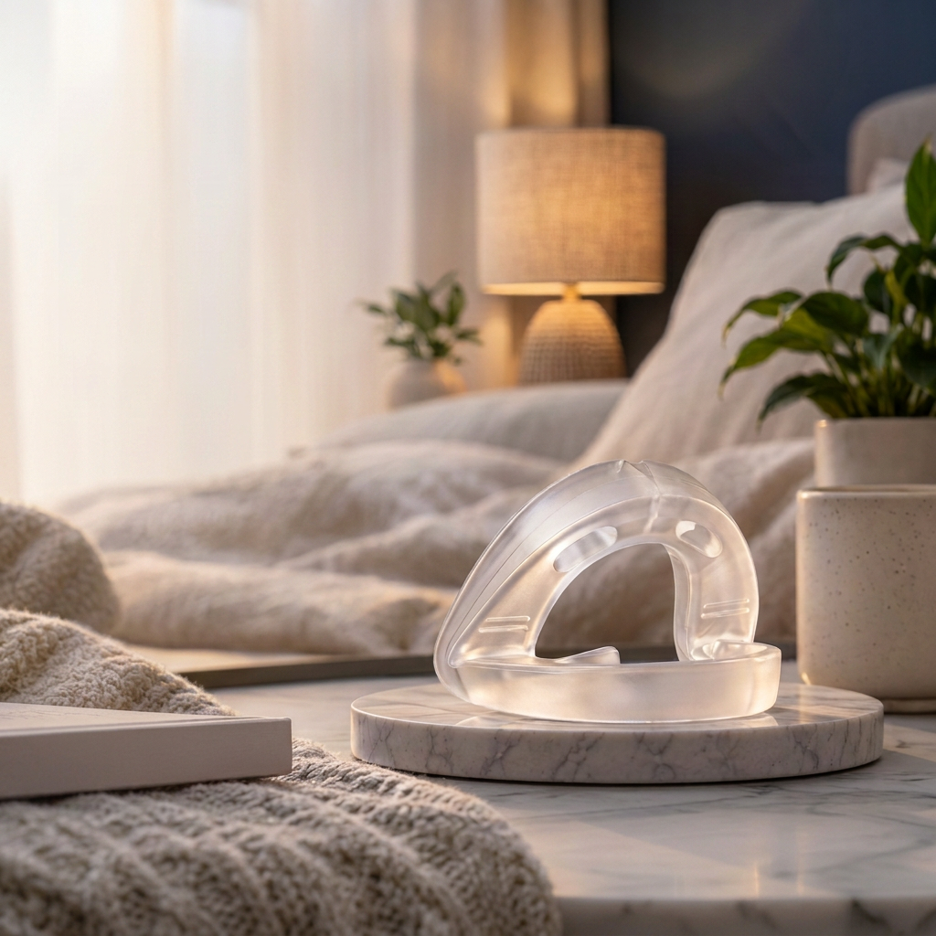 NightAndMe anti-snoring mouthpiece on a bedside table in a warm, calm bedroom